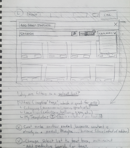 A scan of my sketchbook showing redimentary UI designs